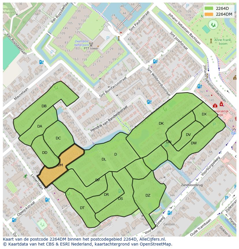 Afbeelding van het postcodegebied 2264 DM op de kaart.