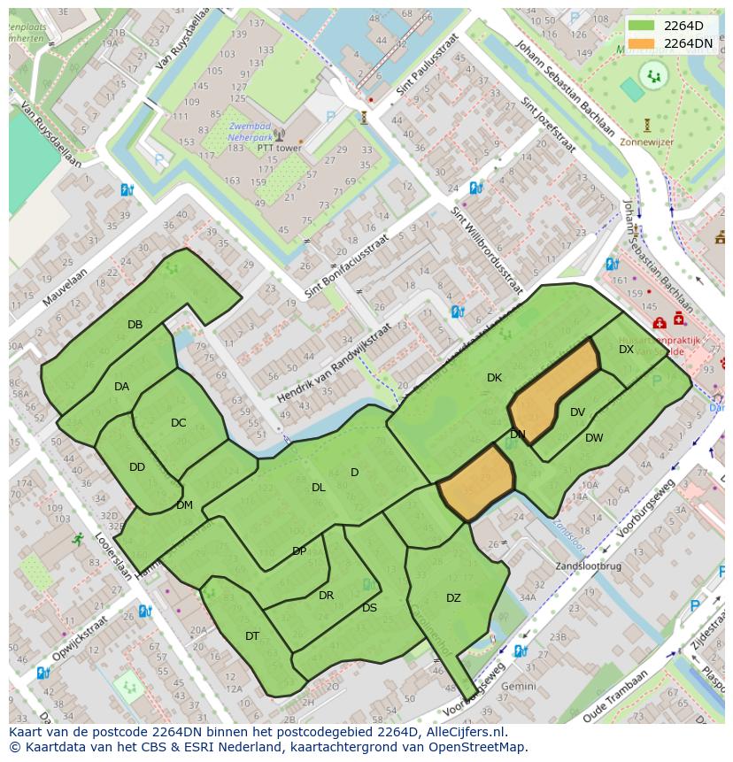 Afbeelding van het postcodegebied 2264 DN op de kaart.