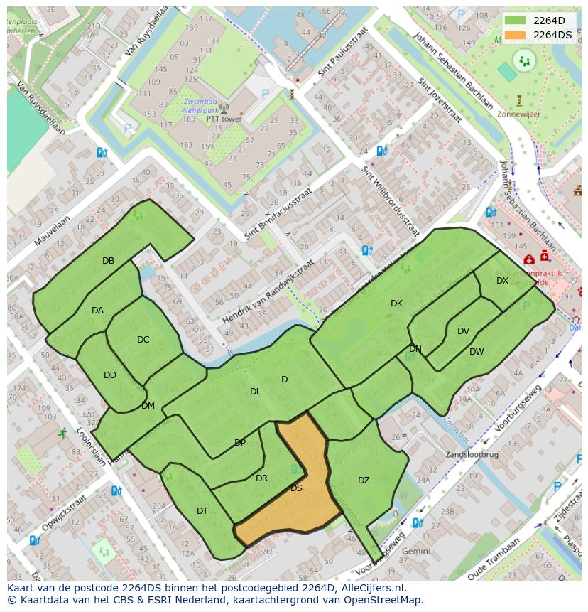 Afbeelding van het postcodegebied 2264 DS op de kaart.