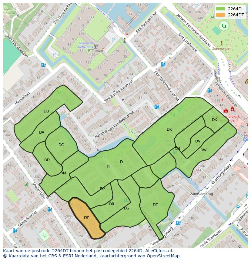 Afbeelding van het postcodegebied 2264 DT op de kaart.