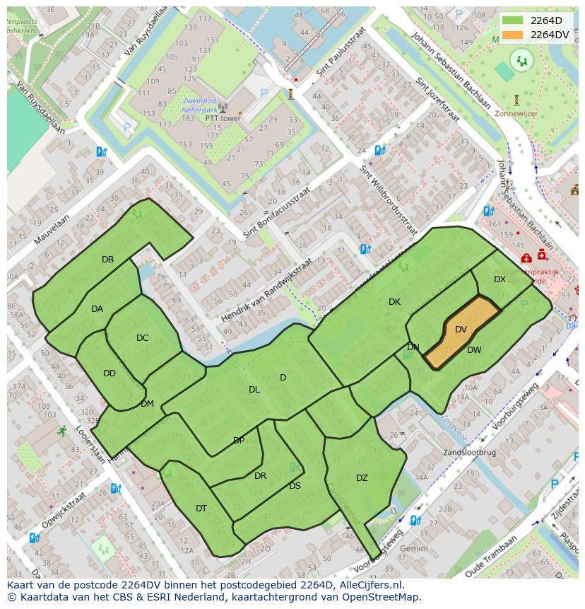 Afbeelding van het postcodegebied 2264 DV op de kaart.
