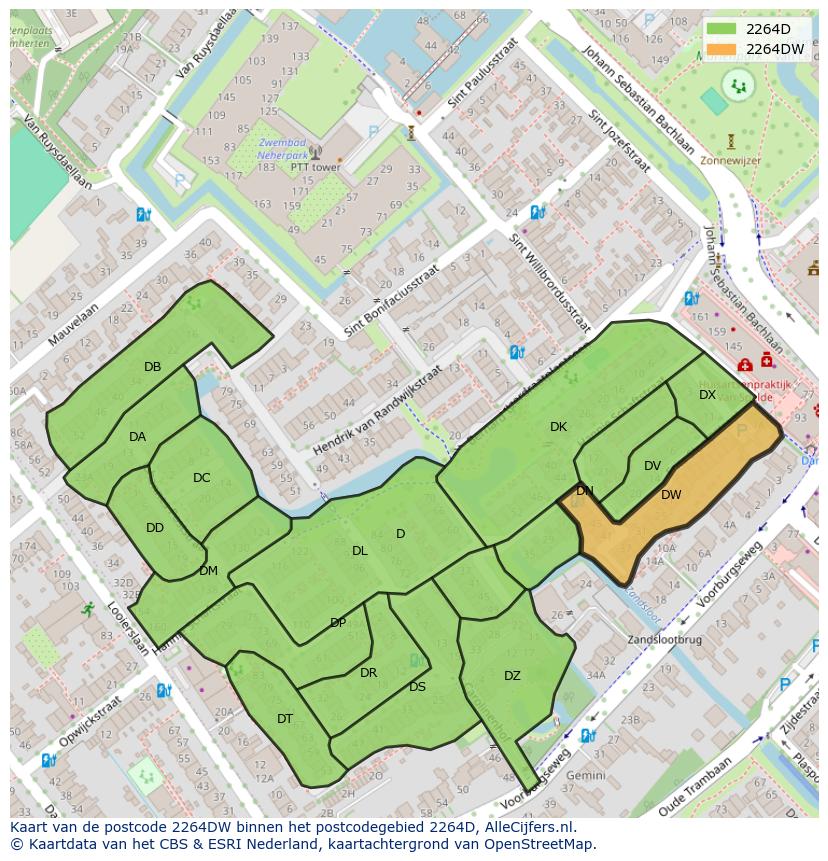 Afbeelding van het postcodegebied 2264 DW op de kaart.