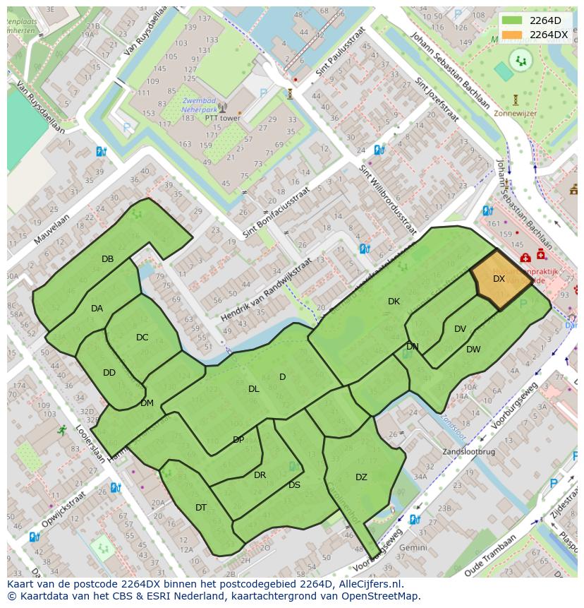 Afbeelding van het postcodegebied 2264 DX op de kaart.