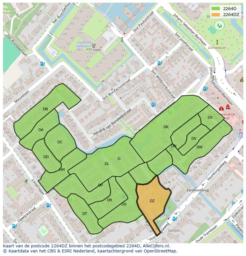 Afbeelding van het postcodegebied 2264 DZ op de kaart.