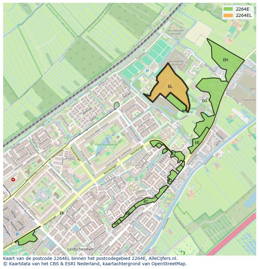 Afbeelding van het postcodegebied 2264 EL op de kaart.