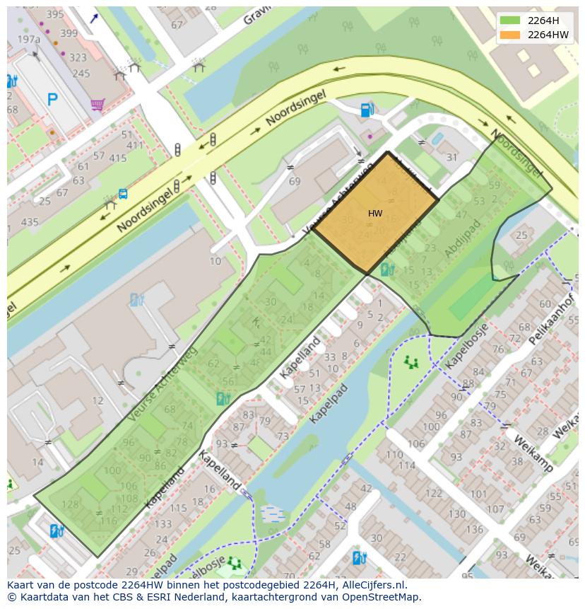 Afbeelding van het postcodegebied 2264 HW op de kaart.