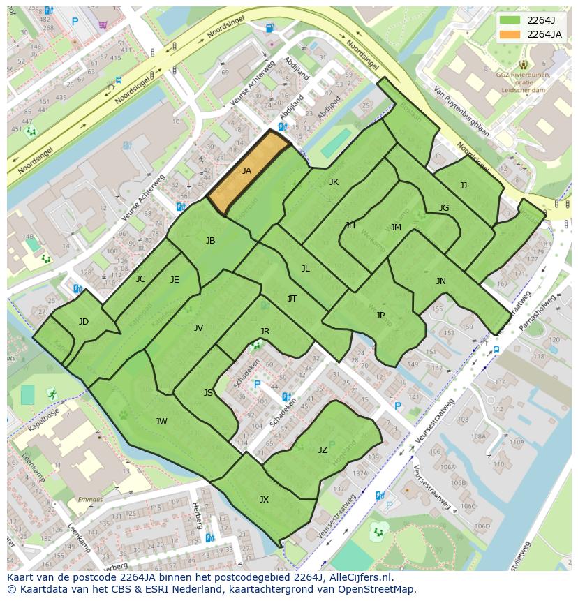 Afbeelding van het postcodegebied 2264 JA op de kaart.