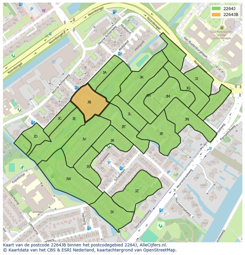 Afbeelding van het postcodegebied 2264 JB op de kaart.