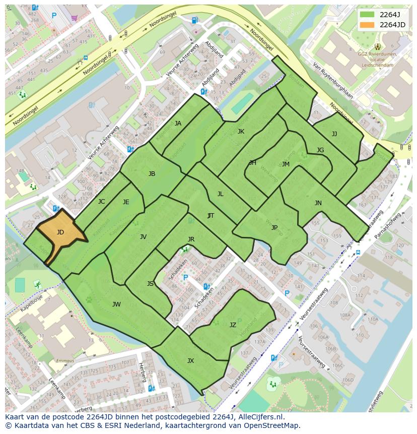 Afbeelding van het postcodegebied 2264 JD op de kaart.
