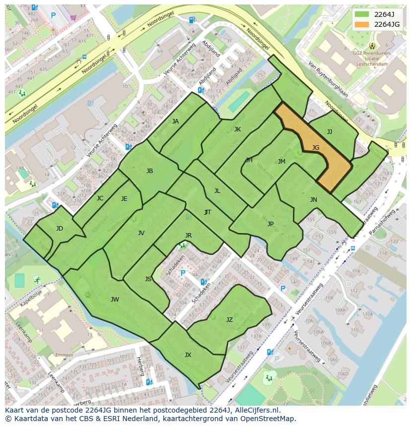 Afbeelding van het postcodegebied 2264 JG op de kaart.