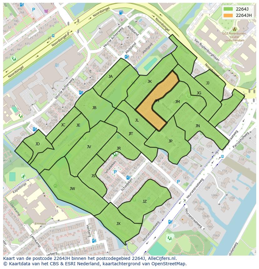 Afbeelding van het postcodegebied 2264 JH op de kaart.