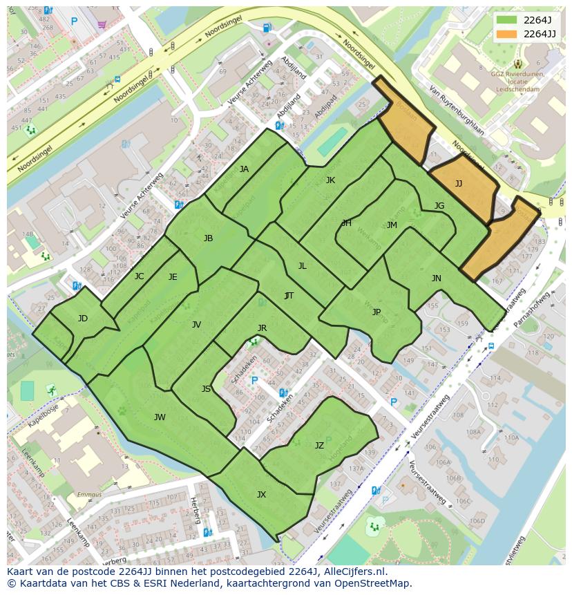 Afbeelding van het postcodegebied 2264 JJ op de kaart.