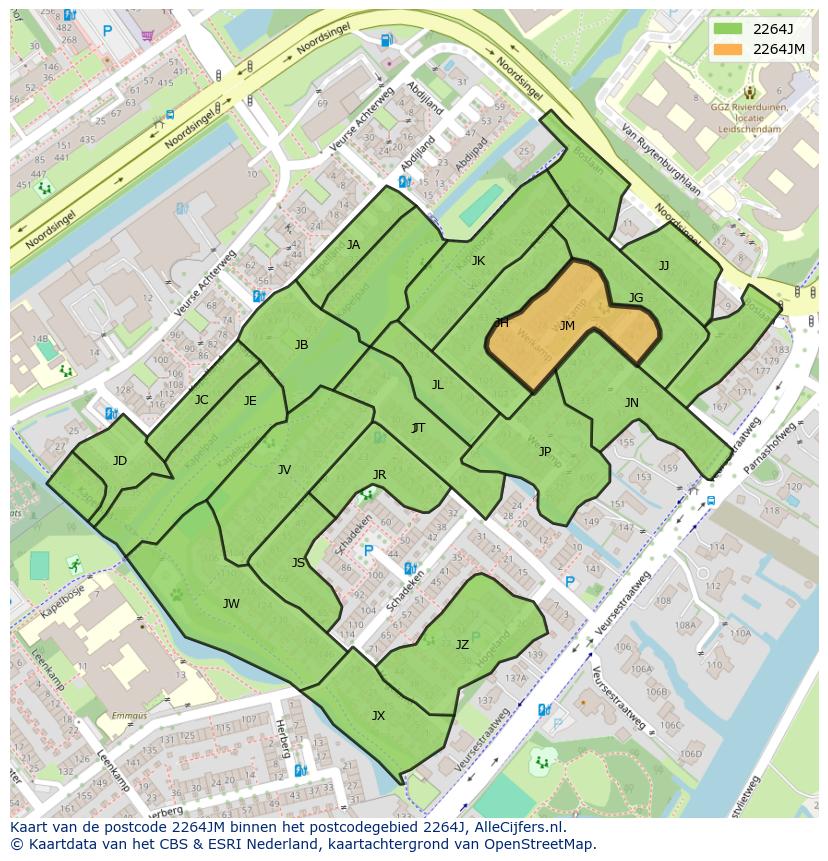 Afbeelding van het postcodegebied 2264 JM op de kaart.