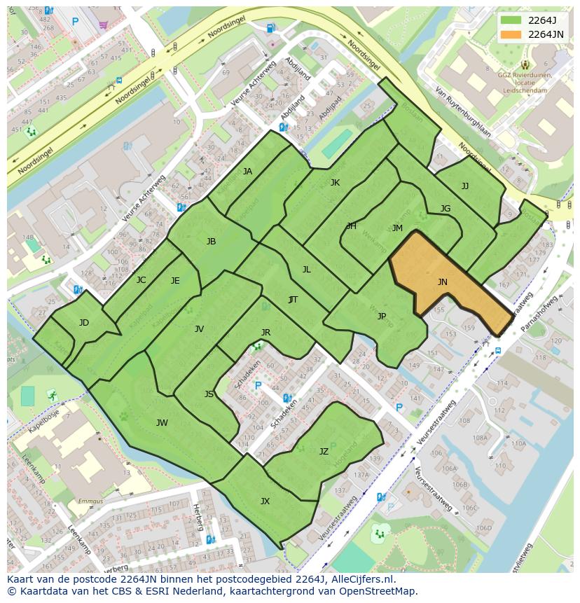 Afbeelding van het postcodegebied 2264 JN op de kaart.