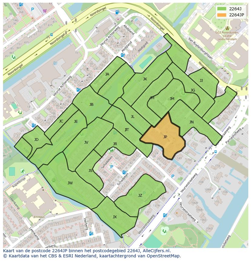 Afbeelding van het postcodegebied 2264 JP op de kaart.