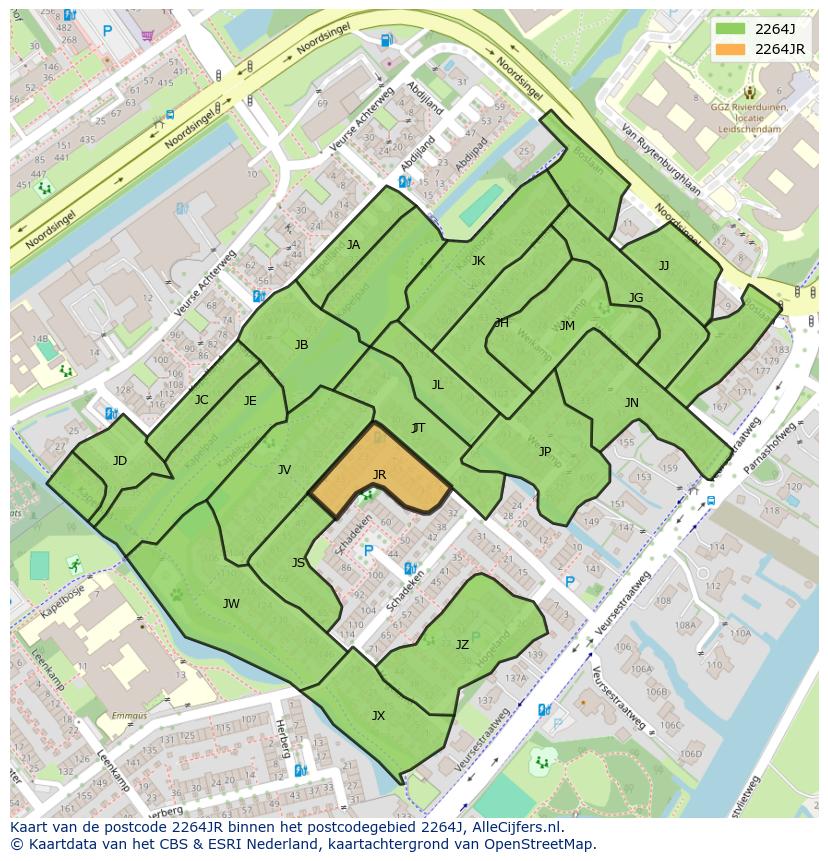 Afbeelding van het postcodegebied 2264 JR op de kaart.