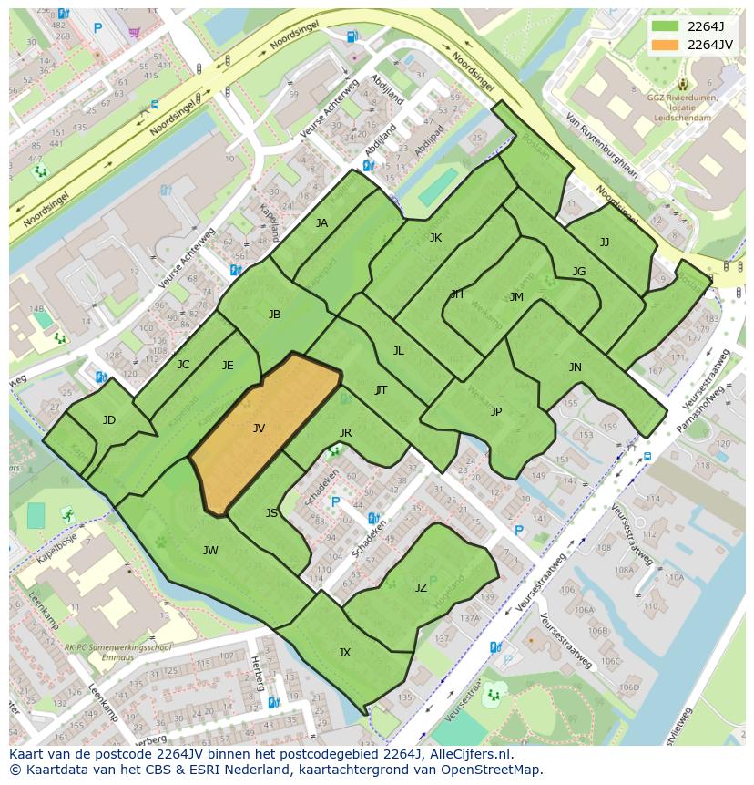 Afbeelding van het postcodegebied 2264 JV op de kaart.