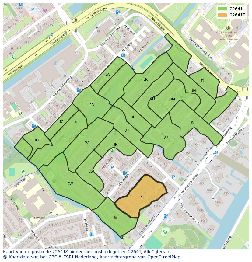 Afbeelding van het postcodegebied 2264 JZ op de kaart.