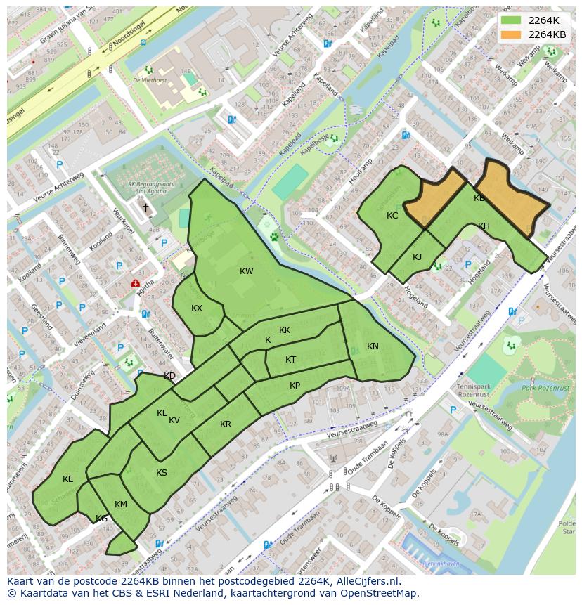 Afbeelding van het postcodegebied 2264 KB op de kaart.