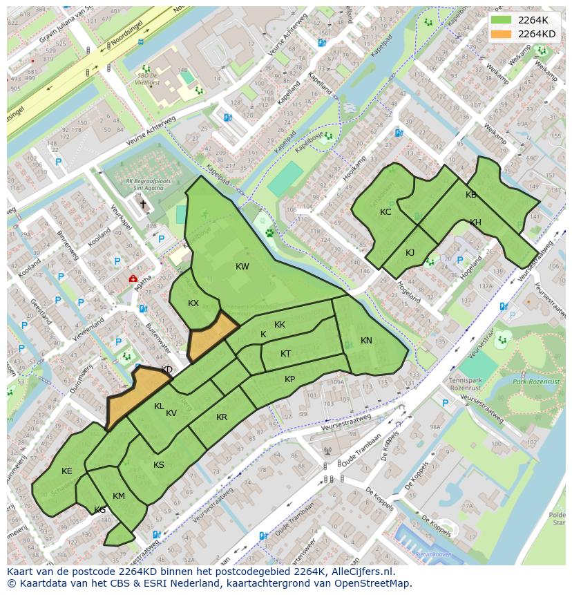 Afbeelding van het postcodegebied 2264 KD op de kaart.