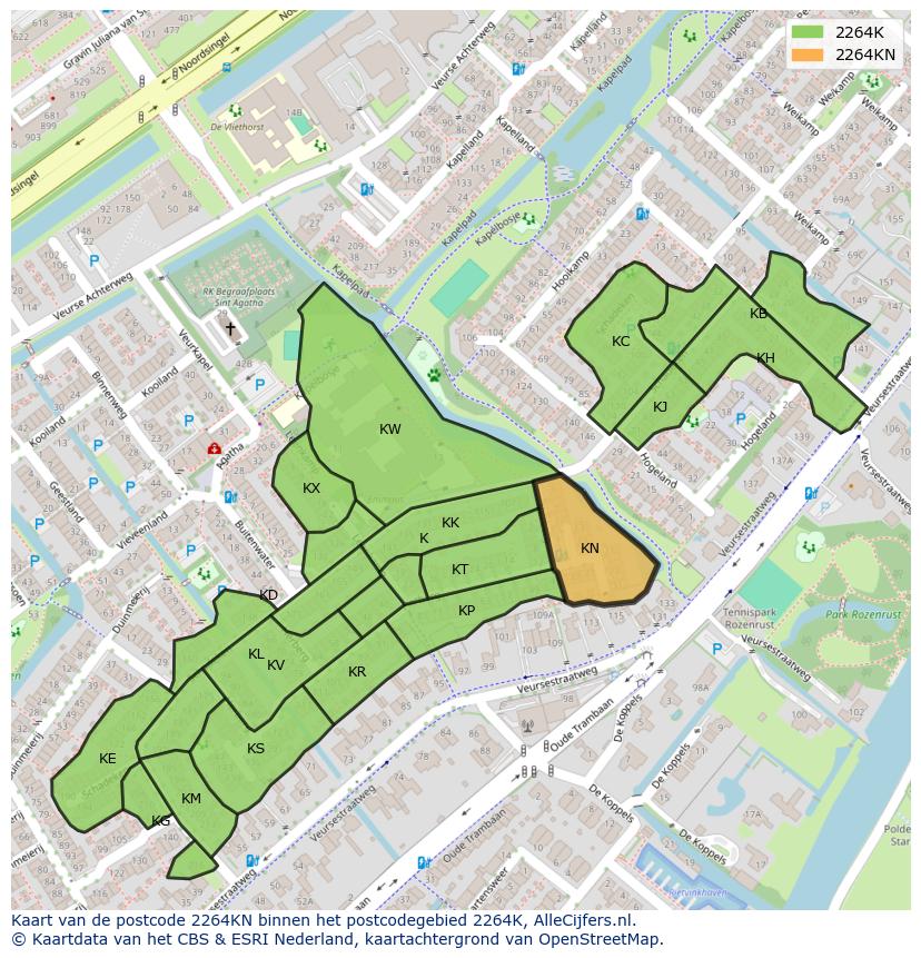 Afbeelding van het postcodegebied 2264 KN op de kaart.
