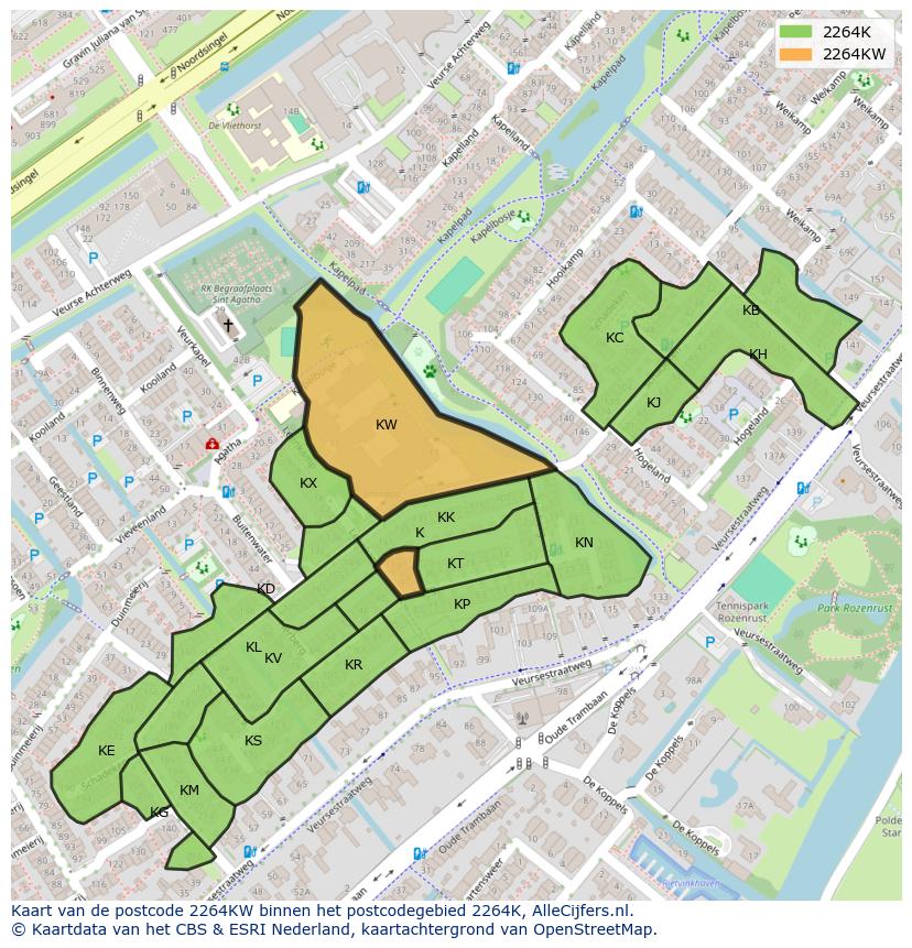Afbeelding van het postcodegebied 2264 KW op de kaart.