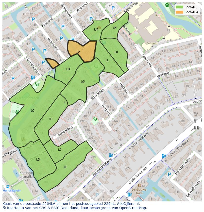 Afbeelding van het postcodegebied 2264 LA op de kaart.