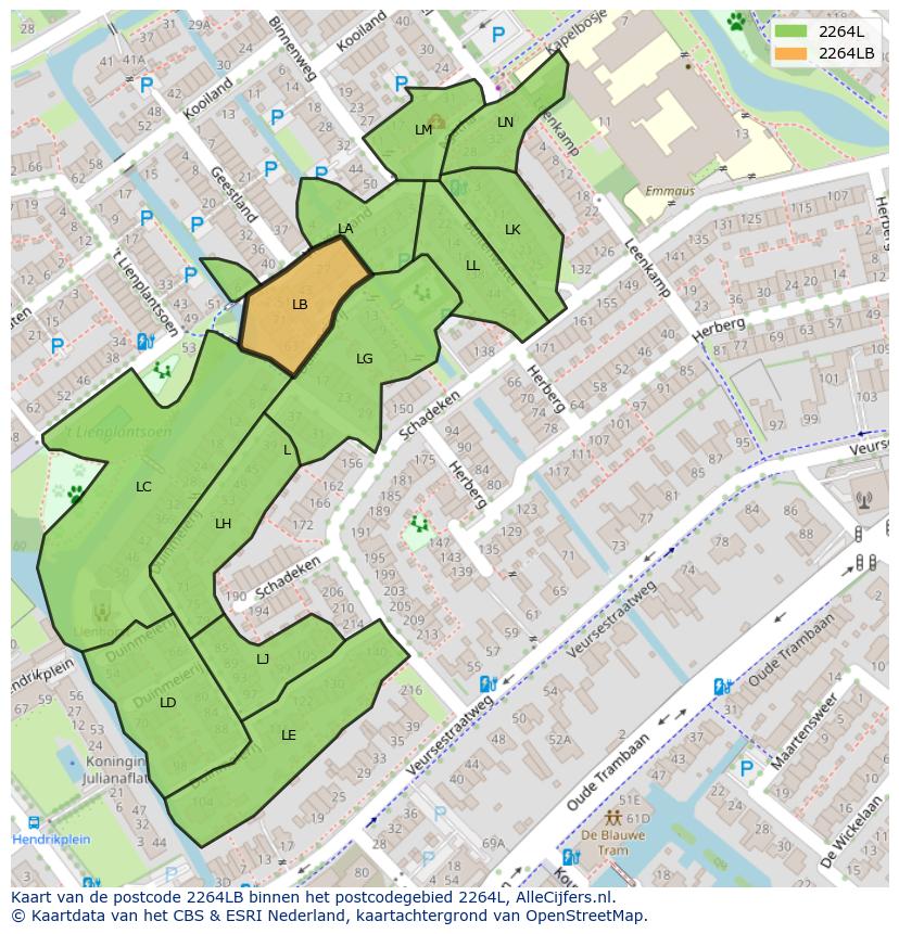 Afbeelding van het postcodegebied 2264 LB op de kaart.