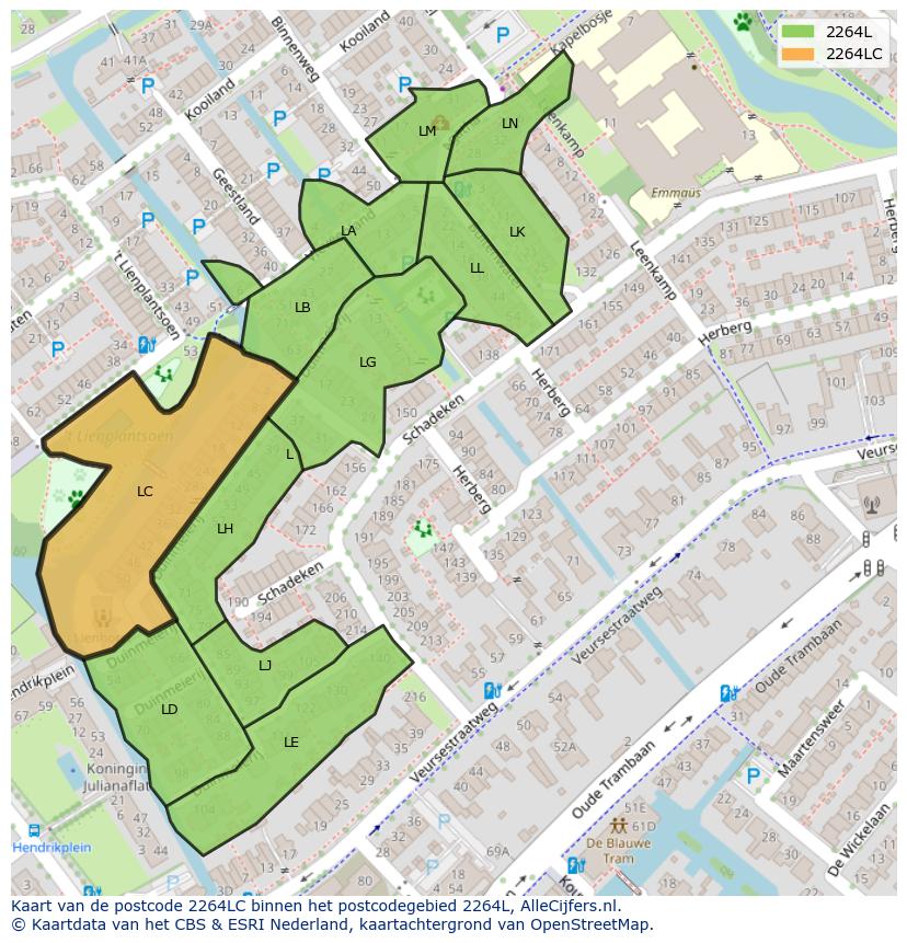 Afbeelding van het postcodegebied 2264 LC op de kaart.