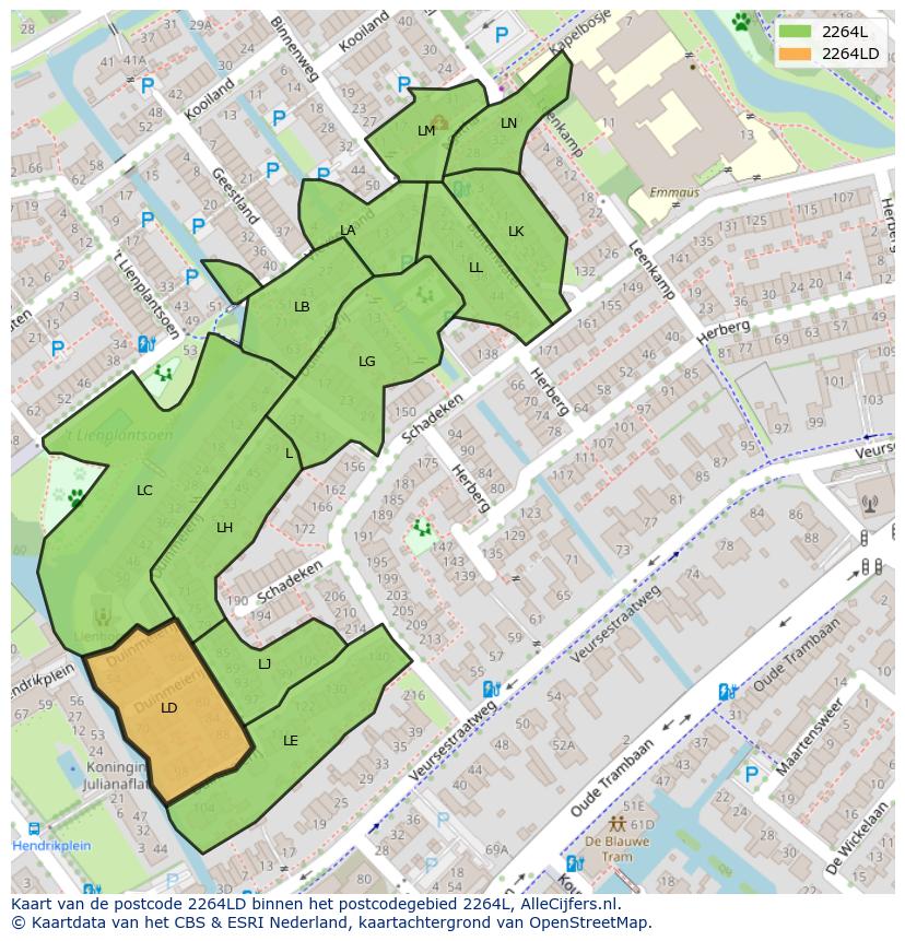 Afbeelding van het postcodegebied 2264 LD op de kaart.