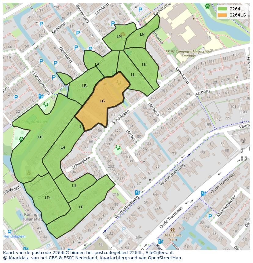 Afbeelding van het postcodegebied 2264 LG op de kaart.