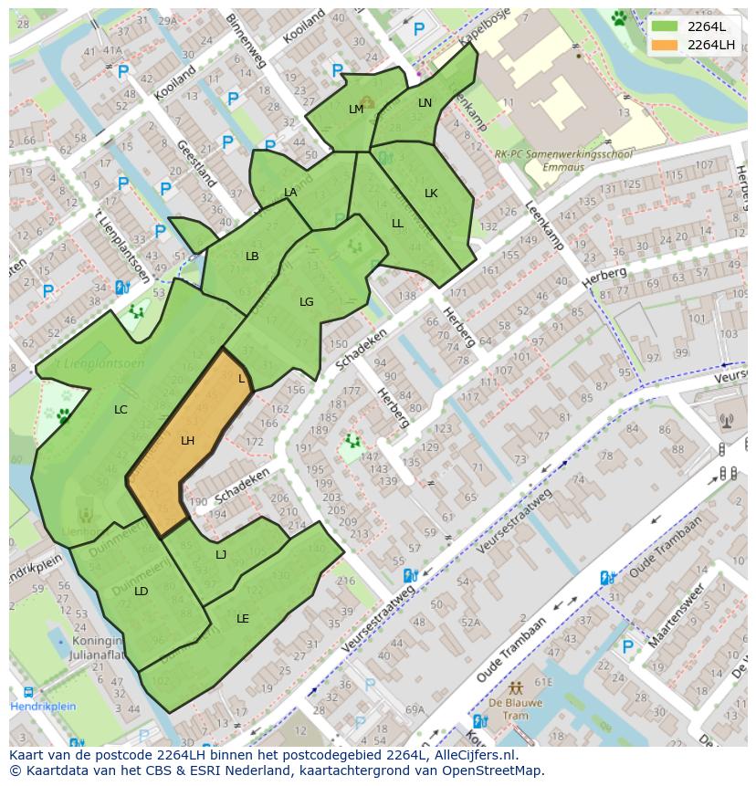 Afbeelding van het postcodegebied 2264 LH op de kaart.