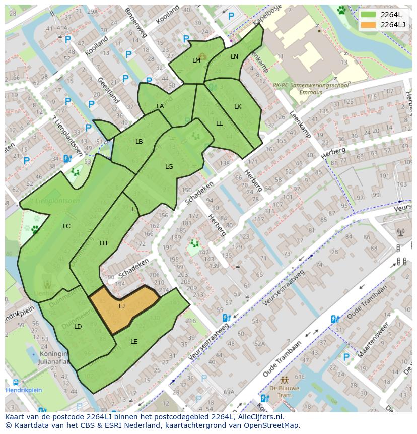 Afbeelding van het postcodegebied 2264 LJ op de kaart.