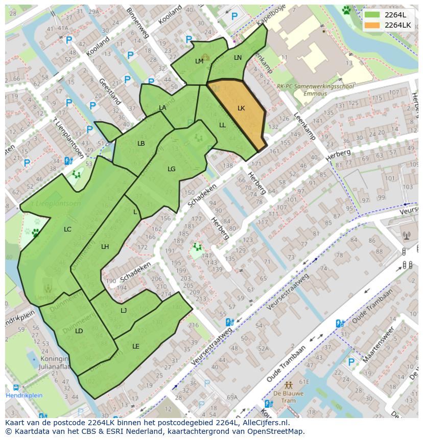 Afbeelding van het postcodegebied 2264 LK op de kaart.