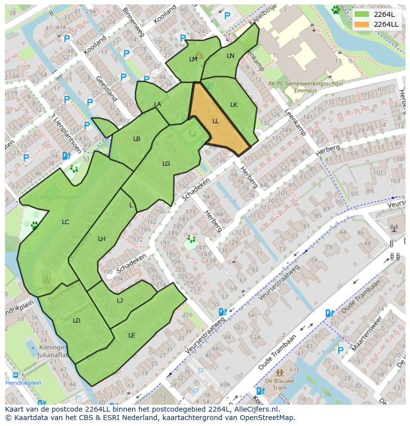 Afbeelding van het postcodegebied 2264 LL op de kaart.