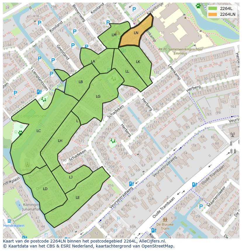 Afbeelding van het postcodegebied 2264 LN op de kaart.