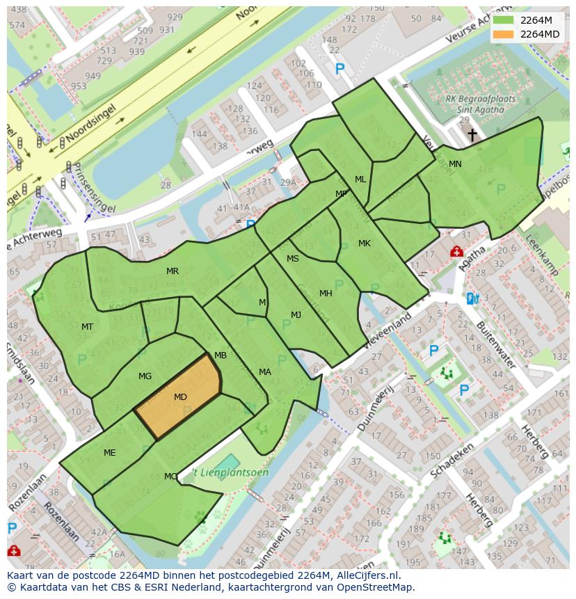 Afbeelding van het postcodegebied 2264 MD op de kaart.