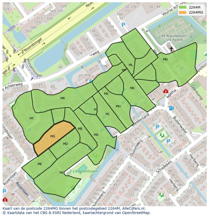 Afbeelding van het postcodegebied 2264 MG op de kaart.