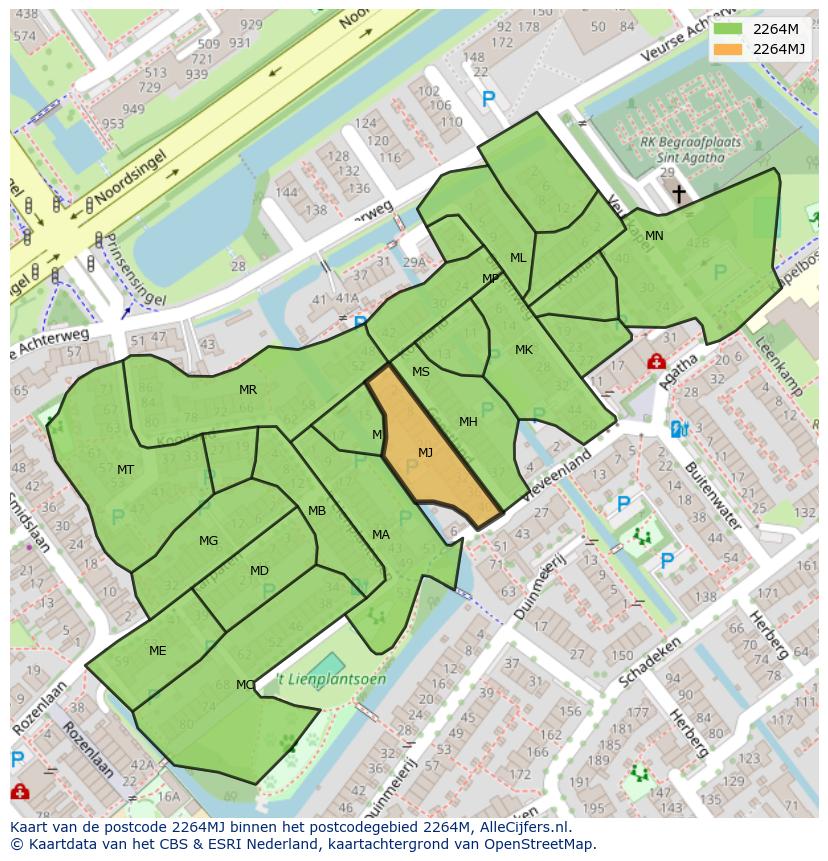 Afbeelding van het postcodegebied 2264 MJ op de kaart.