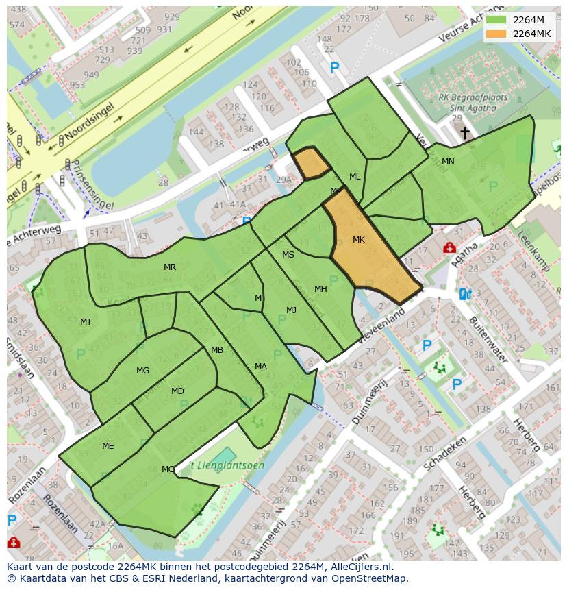 Afbeelding van het postcodegebied 2264 MK op de kaart.