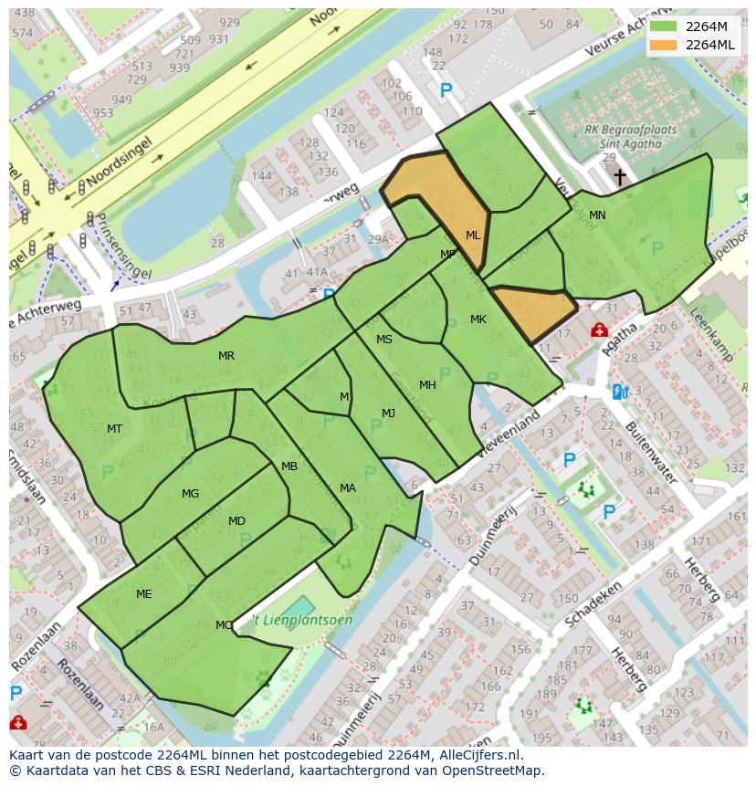 Afbeelding van het postcodegebied 2264 ML op de kaart.