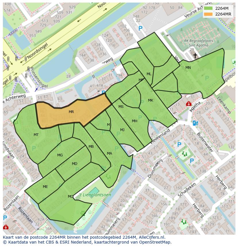 Afbeelding van het postcodegebied 2264 MR op de kaart.