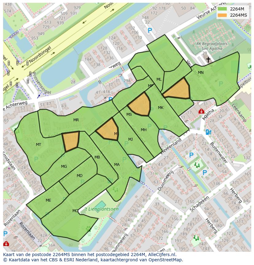 Afbeelding van het postcodegebied 2264 MS op de kaart.