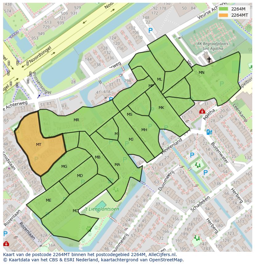 Afbeelding van het postcodegebied 2264 MT op de kaart.