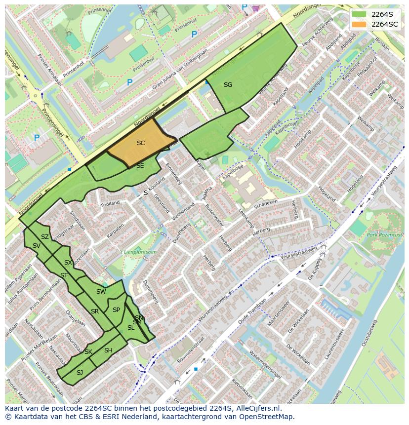 Afbeelding van het postcodegebied 2264 SC op de kaart.