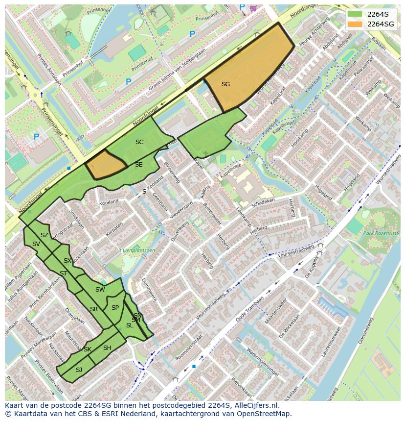 Afbeelding van het postcodegebied 2264 SG op de kaart.