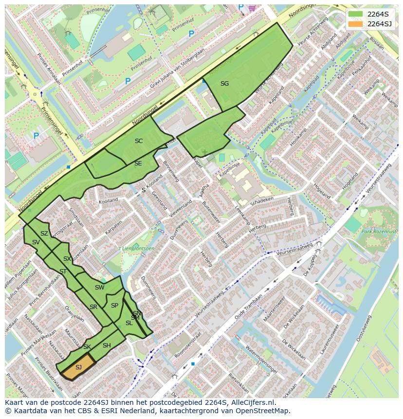 Afbeelding van het postcodegebied 2264 SJ op de kaart.
