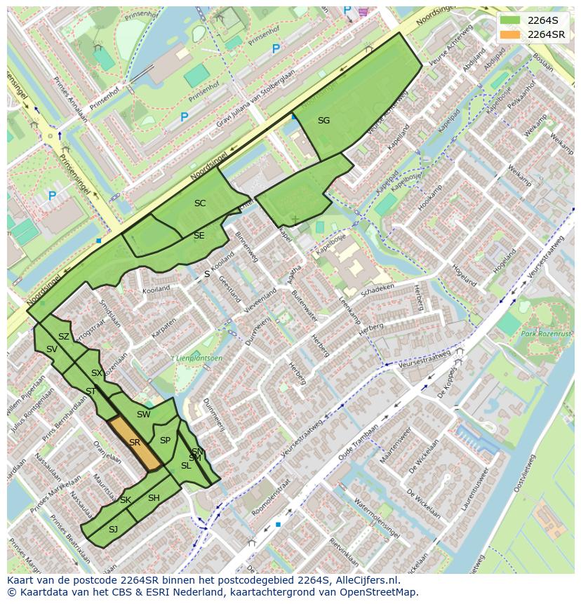Afbeelding van het postcodegebied 2264 SR op de kaart.