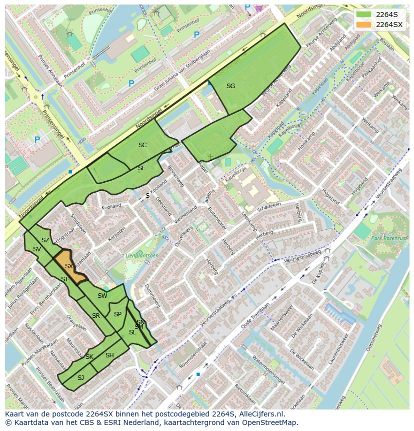 Afbeelding van het postcodegebied 2264 SX op de kaart.