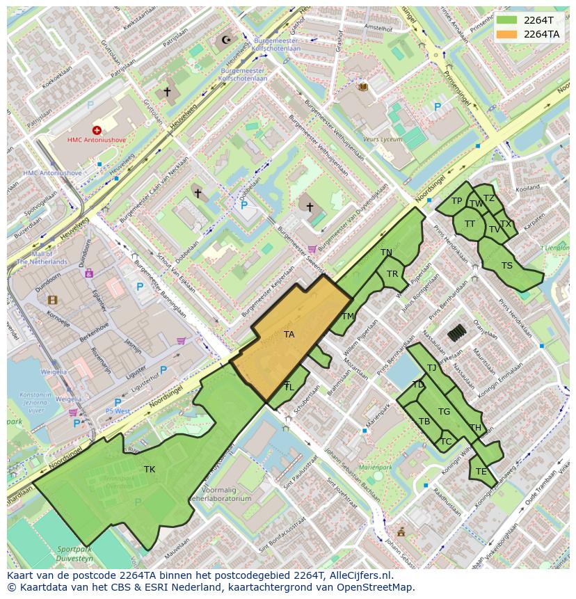 Afbeelding van het postcodegebied 2264 TA op de kaart.